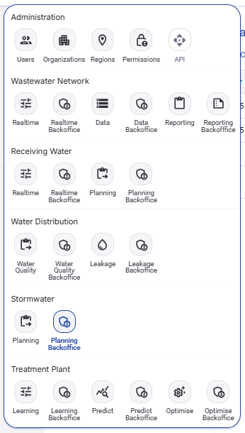 Figure 2. Application selector menu with the available application areas, including Stormwater Planning and Planning Backoffice.