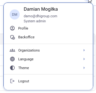 Figure 3. User profile menu with Profile, Backoffice, Organizations, Language, Theme, and Logout actions.