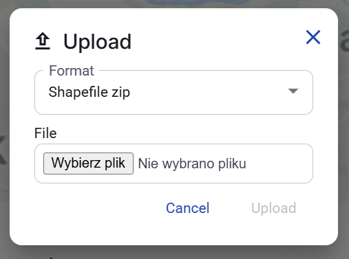 Figure 11. Upload dialog with Shapefile zip selected.