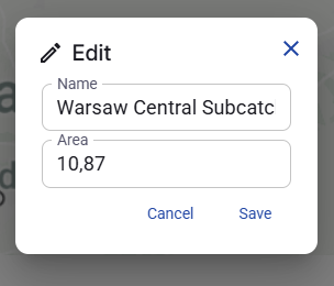 Figure 15. Edit subcatchment dialog with Name and Area fields.