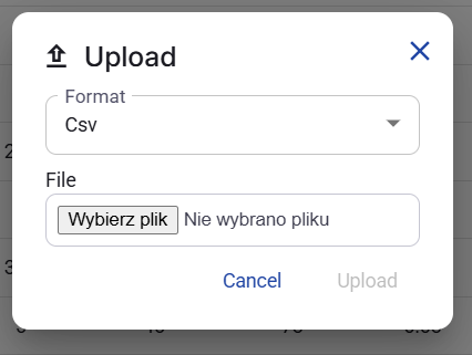 Figure 23. Upload dialog with Csv selected.