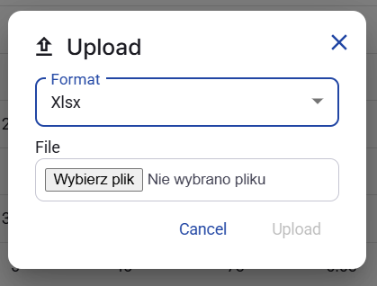 Figure 24. Upload dialog with Xlsx selected.