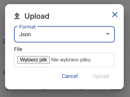 Figure 25. Upload dialog with Json selected.