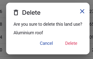 Figure 29. Delete land use confirmation dialog for a single row.