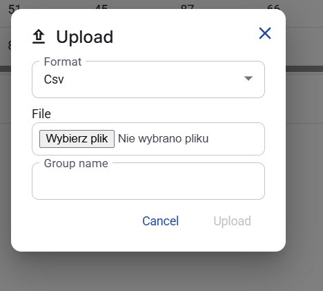 Figure 35. Upload dialog with Csv selected.