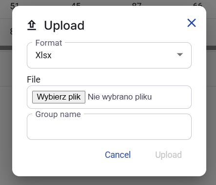 Figure 36. Upload dialog with Xlsx selected.