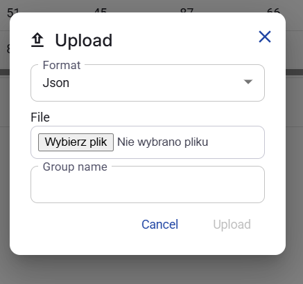 Figure 37. Upload dialog with Json selected.
