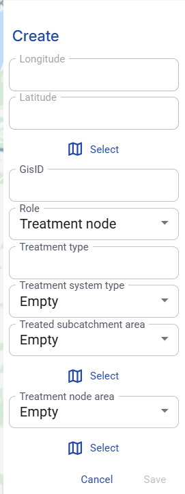 Figure 45. Create panel for a Treatment node.