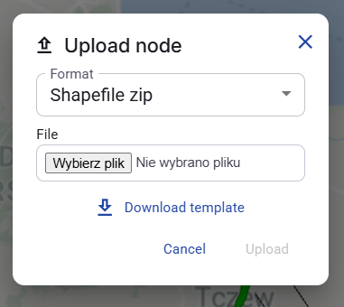 Figure 48. Upload node dialog with Shapefile zip selected.