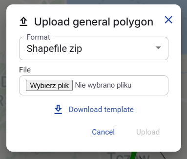 Figure 50. Upload general polygon dialog with Shapefile zip selected.