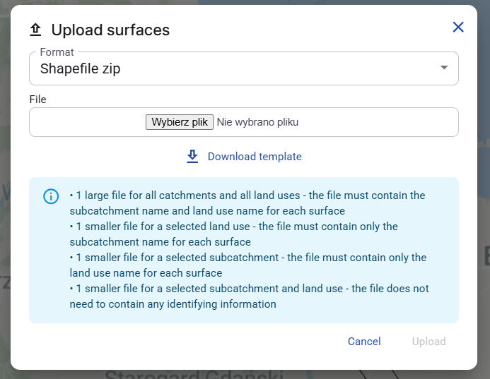 Figure 52. Upload surfaces dialog with Shapefile zip selected.