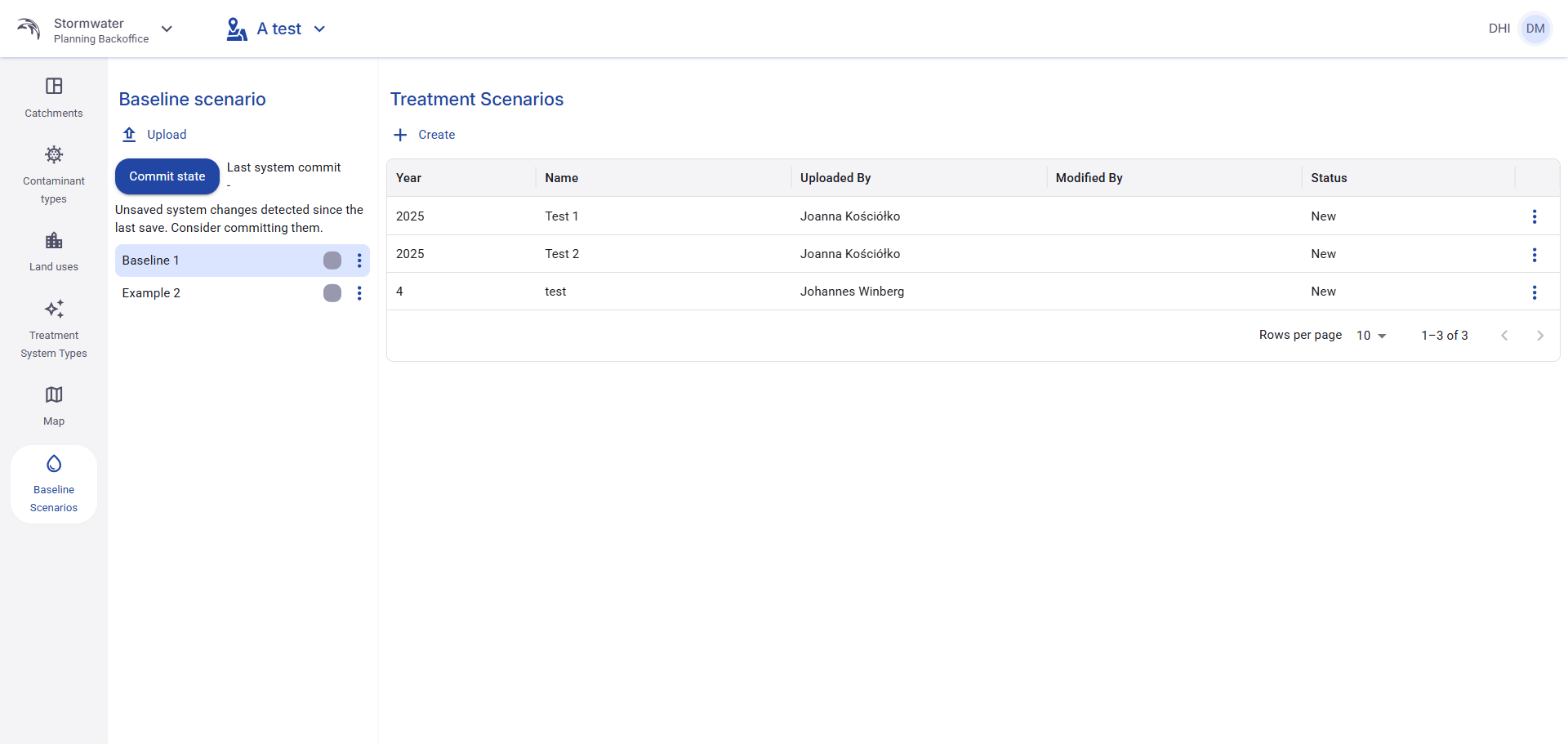 Figure 69. Baseline scenarios overview with the baseline list, Commit state action, and Treatment Scenarios table.
