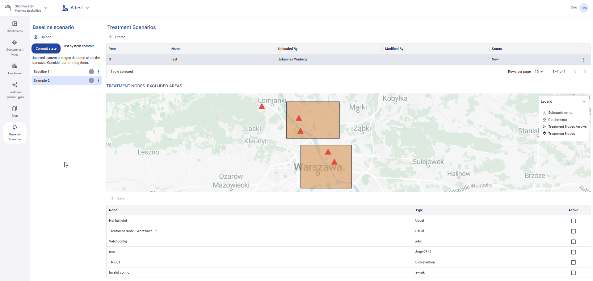 Figure 76. Selected Treatment Scenario view with the map, Treatment Nodes tab, and node activation table.