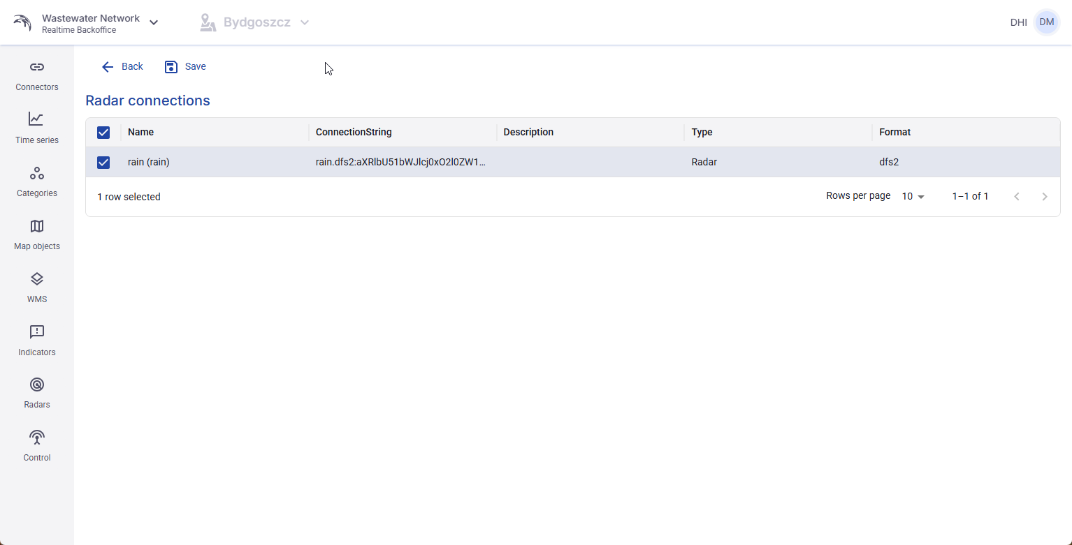 Figure 56. Edit connections view for a radar with selectable files.