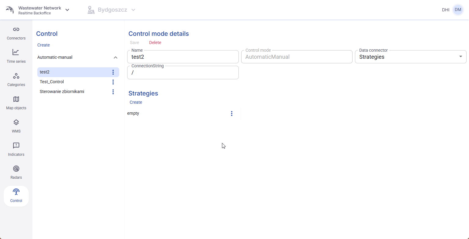 Figure 57. Control tab with control mode details and the Strategies section.